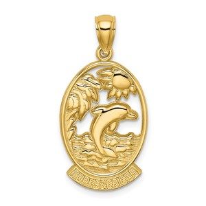 14k Yellow Gold Travel TURKS & CAICOS with Dolphin Sunset Scene Charm Pendant